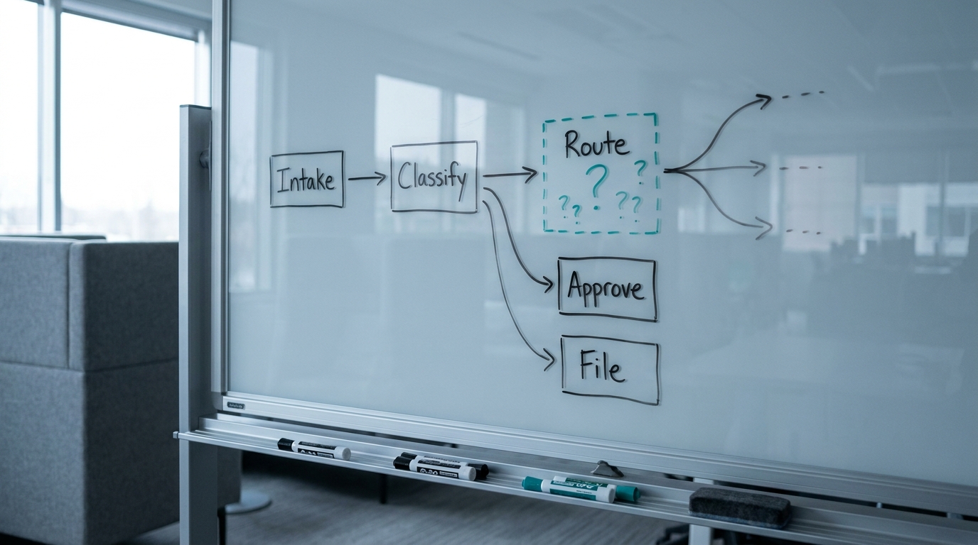 Hand-drawn process flow on an office whiteboard with one middle step left as a dashed teal box and three unfinished branches