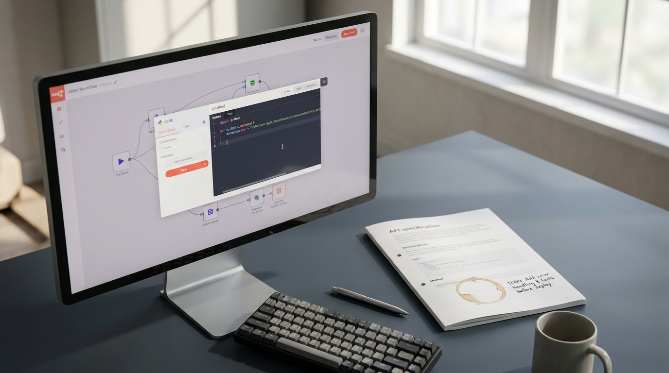 A workflow canvas with one node opened into a bare code editor panel, beside a marked-up printed API specification