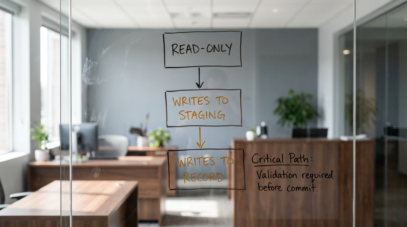 A hand-drawn diagram on a glass office wall showing three agent tiers: read-only, writes to staging, and writes to record