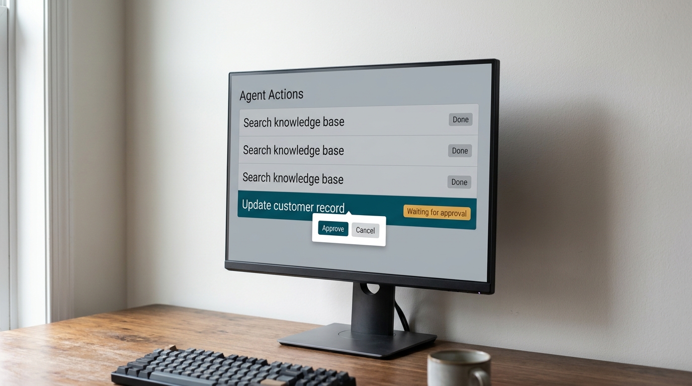 A monitor showing an AI agent tool-call log with a write action highlighted and a confirmation prompt waiting
