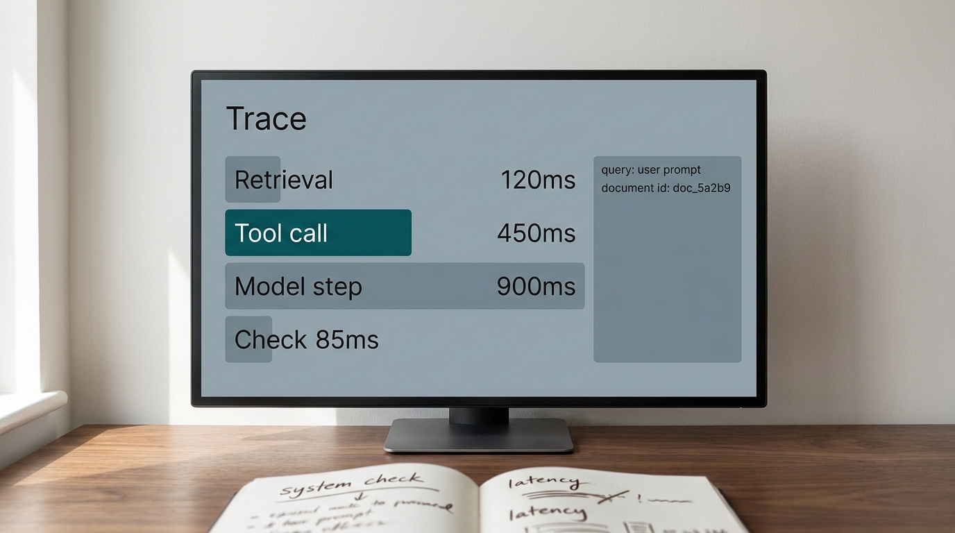 A monitor showing an agent observability trace with nested spans for retrieval and tool calls, one span expanded to show its arguments