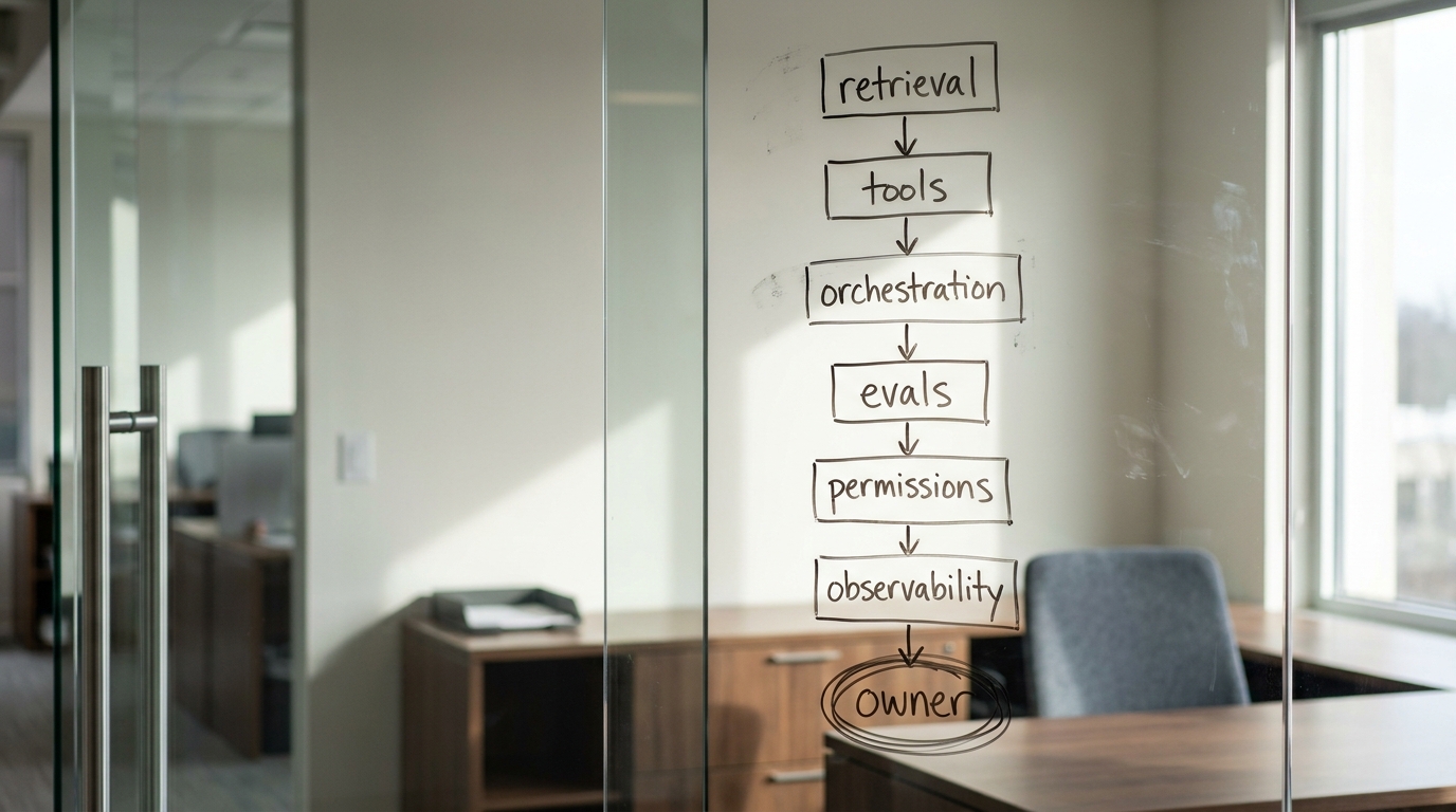 A glass office wall with a hand-drawn seven-box architecture diagram labelled retrieval, tools, orchestration, evals, permissions, observability and owner