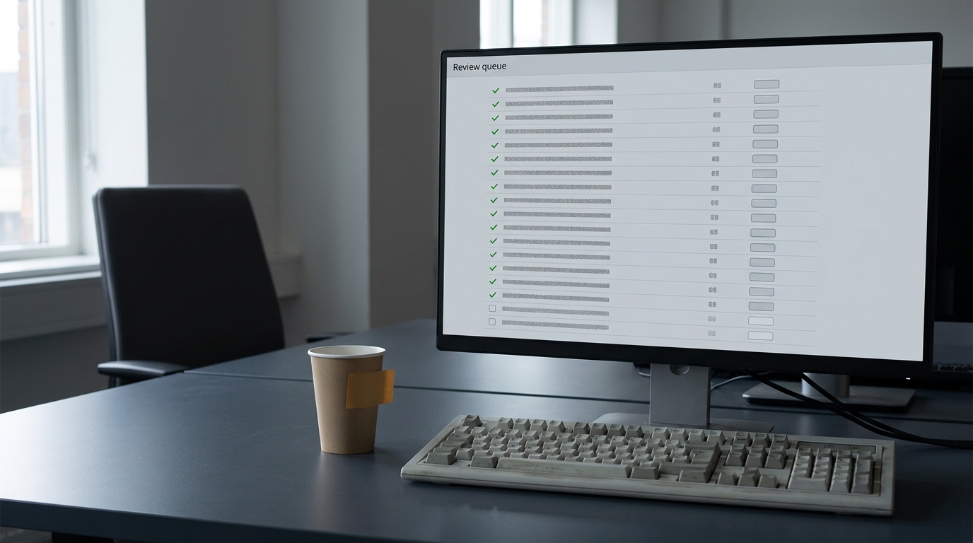 An unattended desk monitor showing an internal review queue where nearly every row is already approved, beside an empty chair