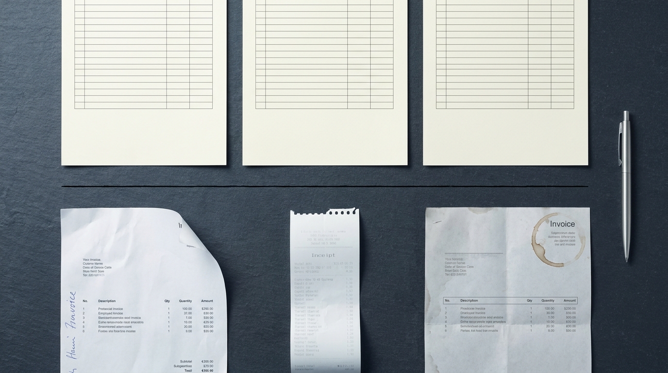 Overhead view of three identical printed rule sheets above three mismatched supplier invoices on a dark slate worktop
