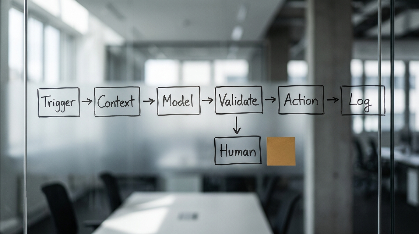 A hand-drawn seven-box workflow diagram on an office glass wall, labelled Trigger, Context, Model, Validate, Action, Human and Log