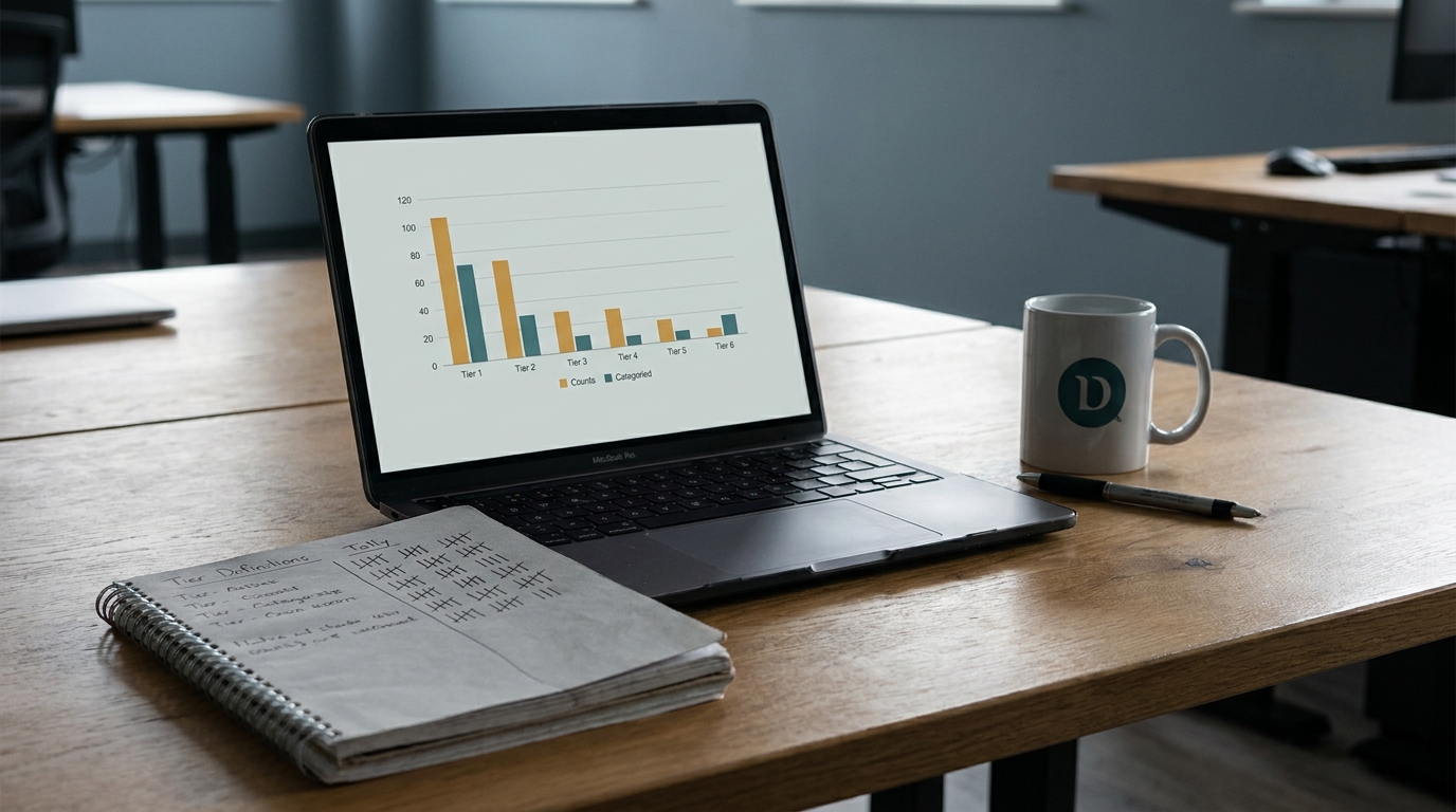 An operations desk with a laptop showing a bar chart of categorized counts, a notebook of handwritten tier definitions, and a mug