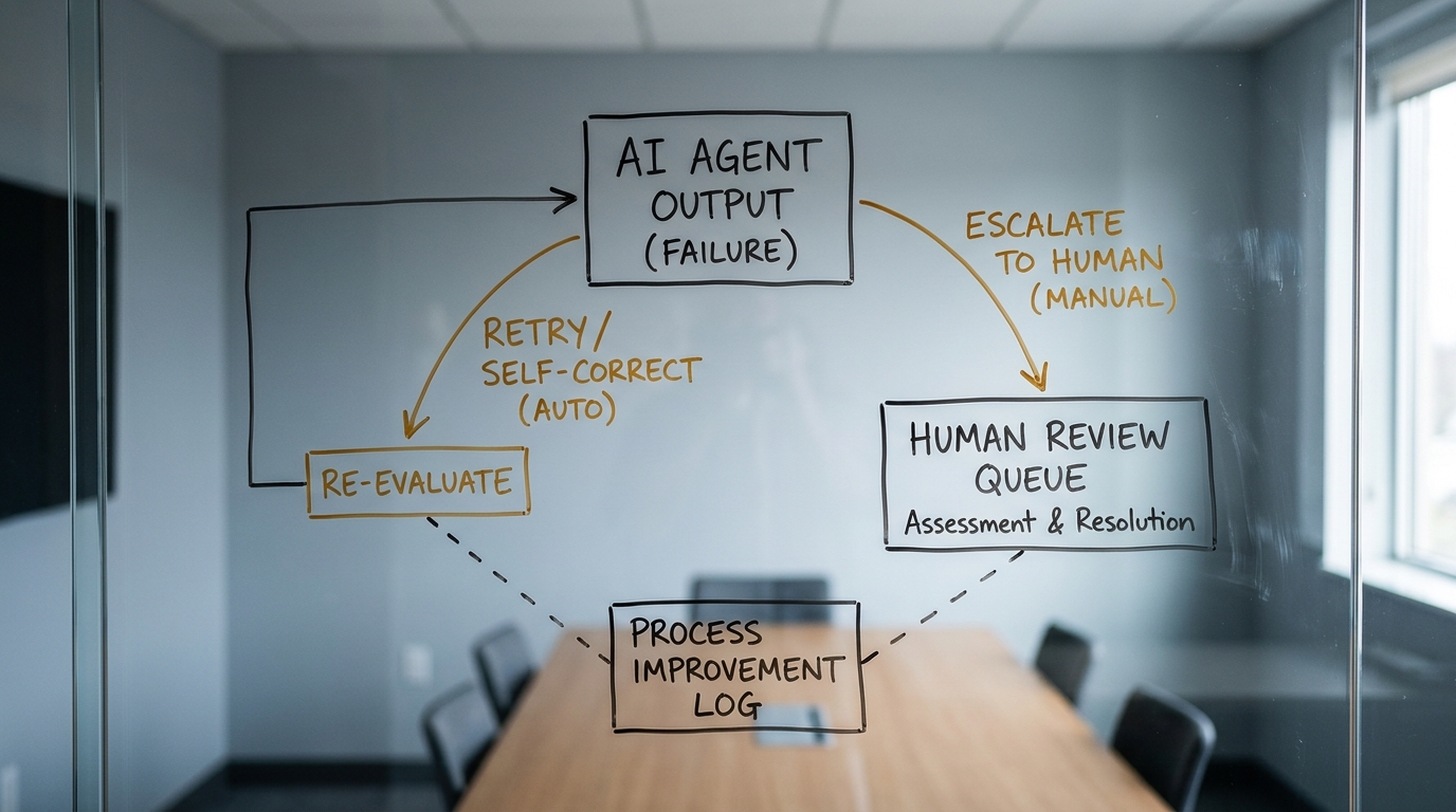 A hand-drawn decision diagram in marker on a glass office wall, one input branching into two labelled paths with a loop