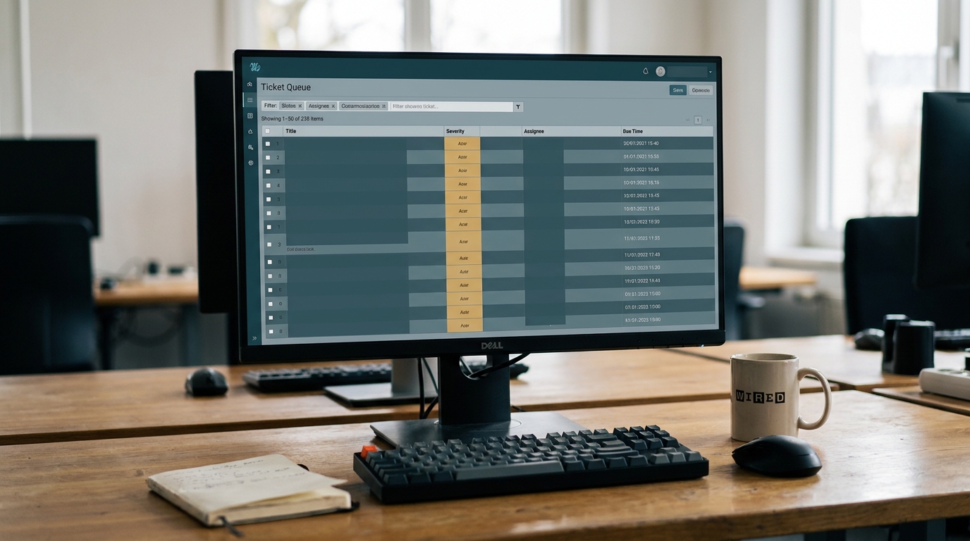 A monitor on an operations desk showing a work-queue interface with severity, assignee and due-time columns and amber status flags