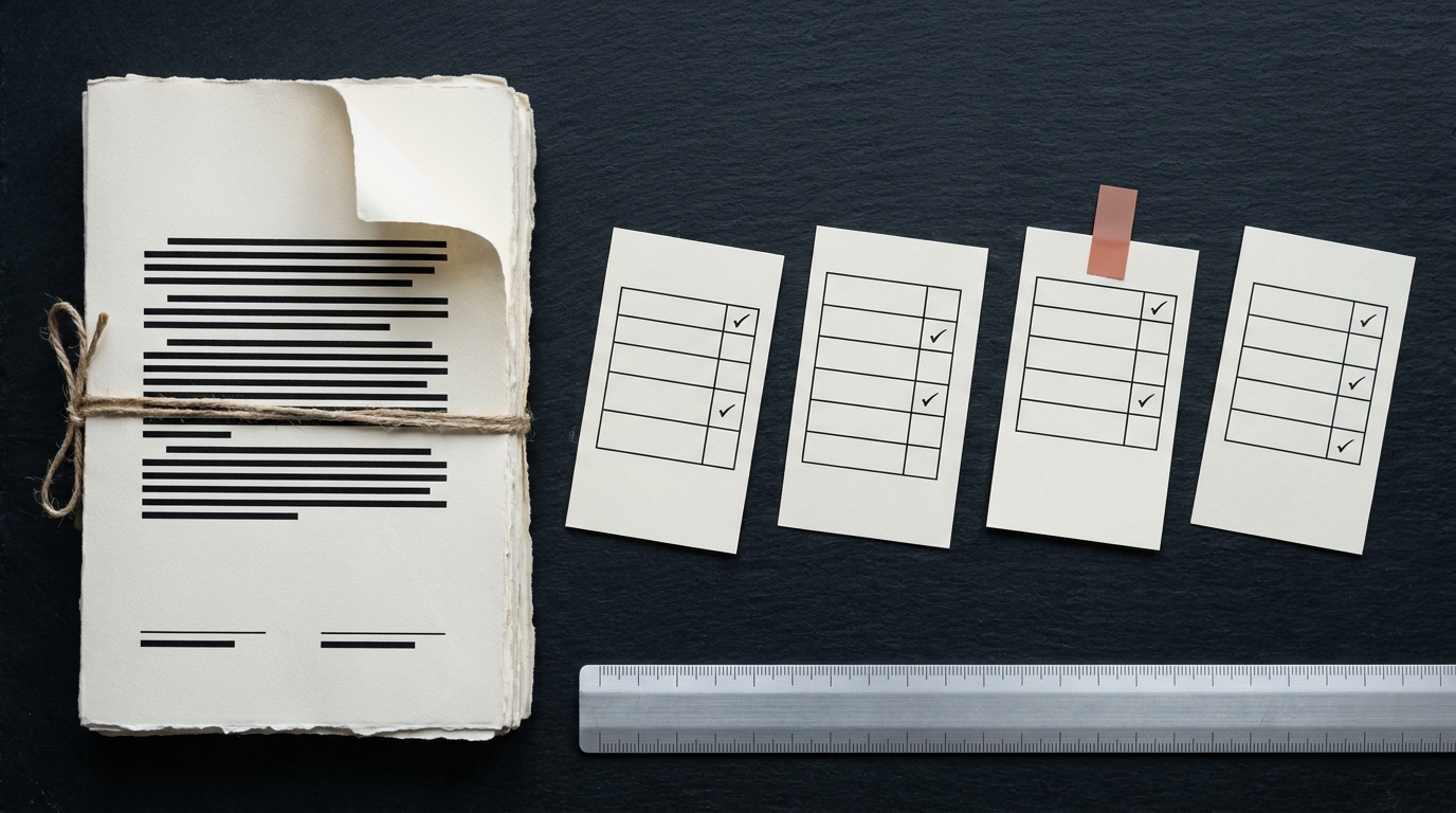 Overhead flat-lay of a stack of printed vendor contracts beside four small printed scorecards on a slate worktop