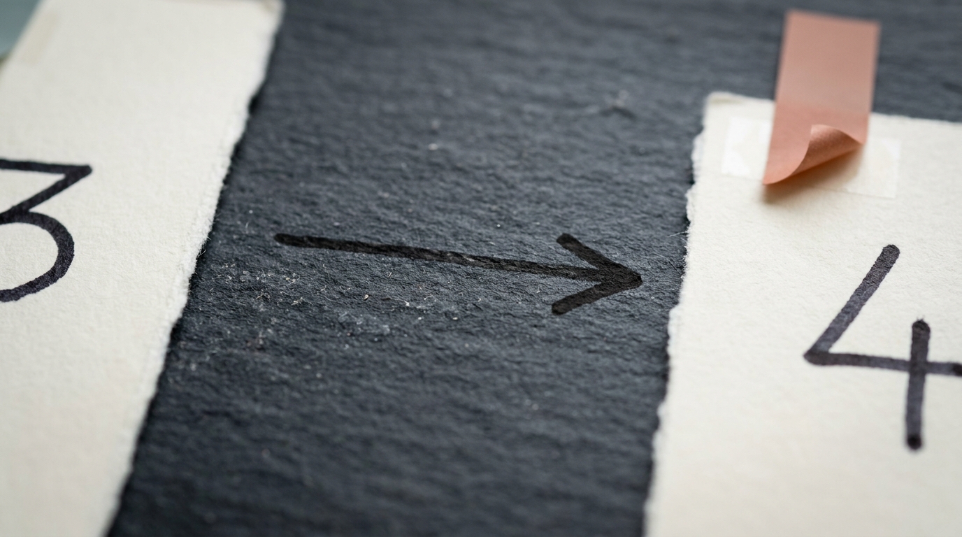 Macro close-up of the gap between two ivory index cards on slate, numbered 3 and 4, with a hand-drawn ink arrow stopping short of the fourth
