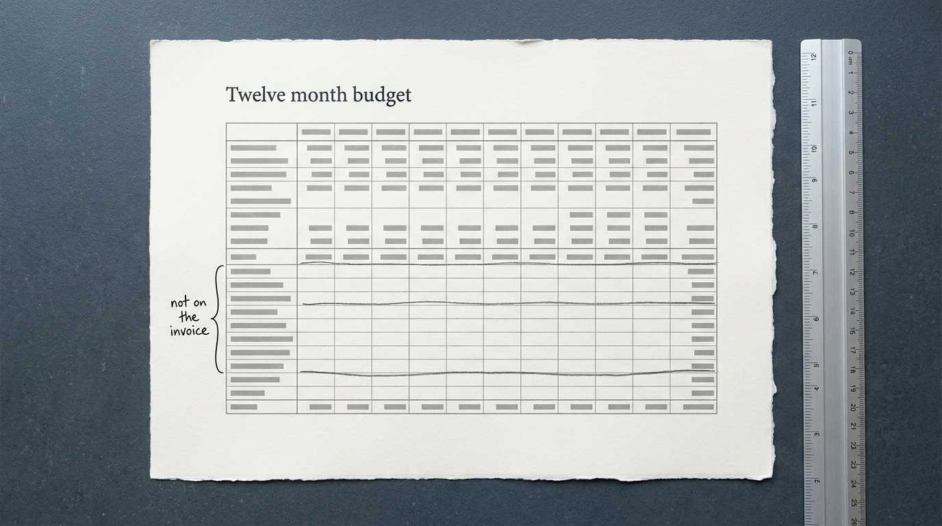 A printed twelve-month cost worksheet on slate with pencil-underlined lines and a handwritten margin note reading not on the invoice