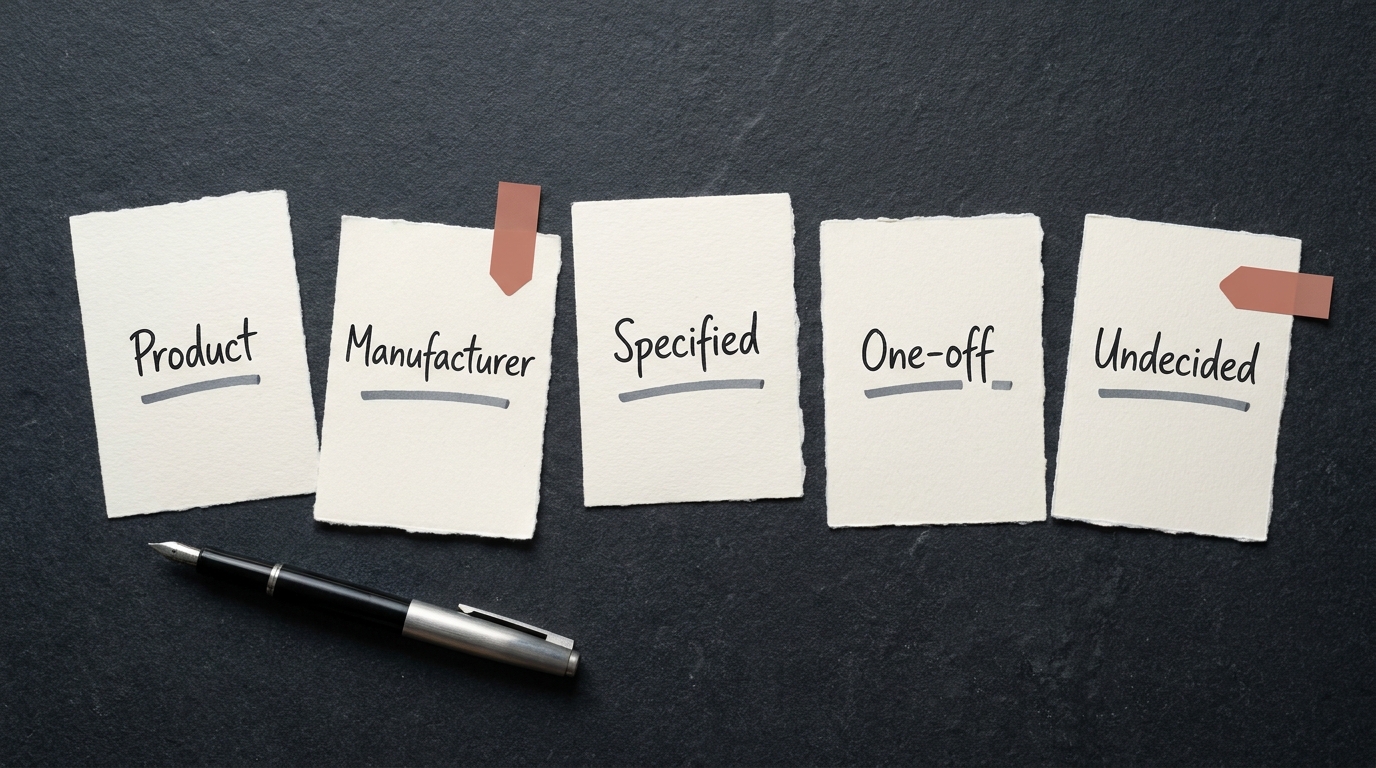 Five handwritten index cards laid in a row on a slate desk, each with a short scenario and an underlined verdict beneath it