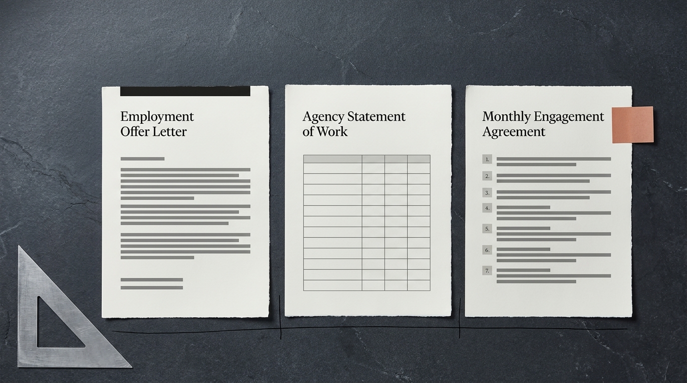 Overhead flat-lay of three printed documents on a slate desk headed Employment Offer Letter, Agency Statement of Work and Monthly Engagement Agreement, connected by a drawn ink line