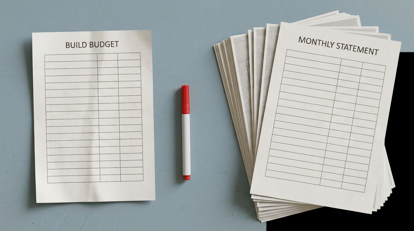 Overhead flat-lay of one printed build-budget page beside a thick fanned stack of twelve monthly statements, a red marker between them