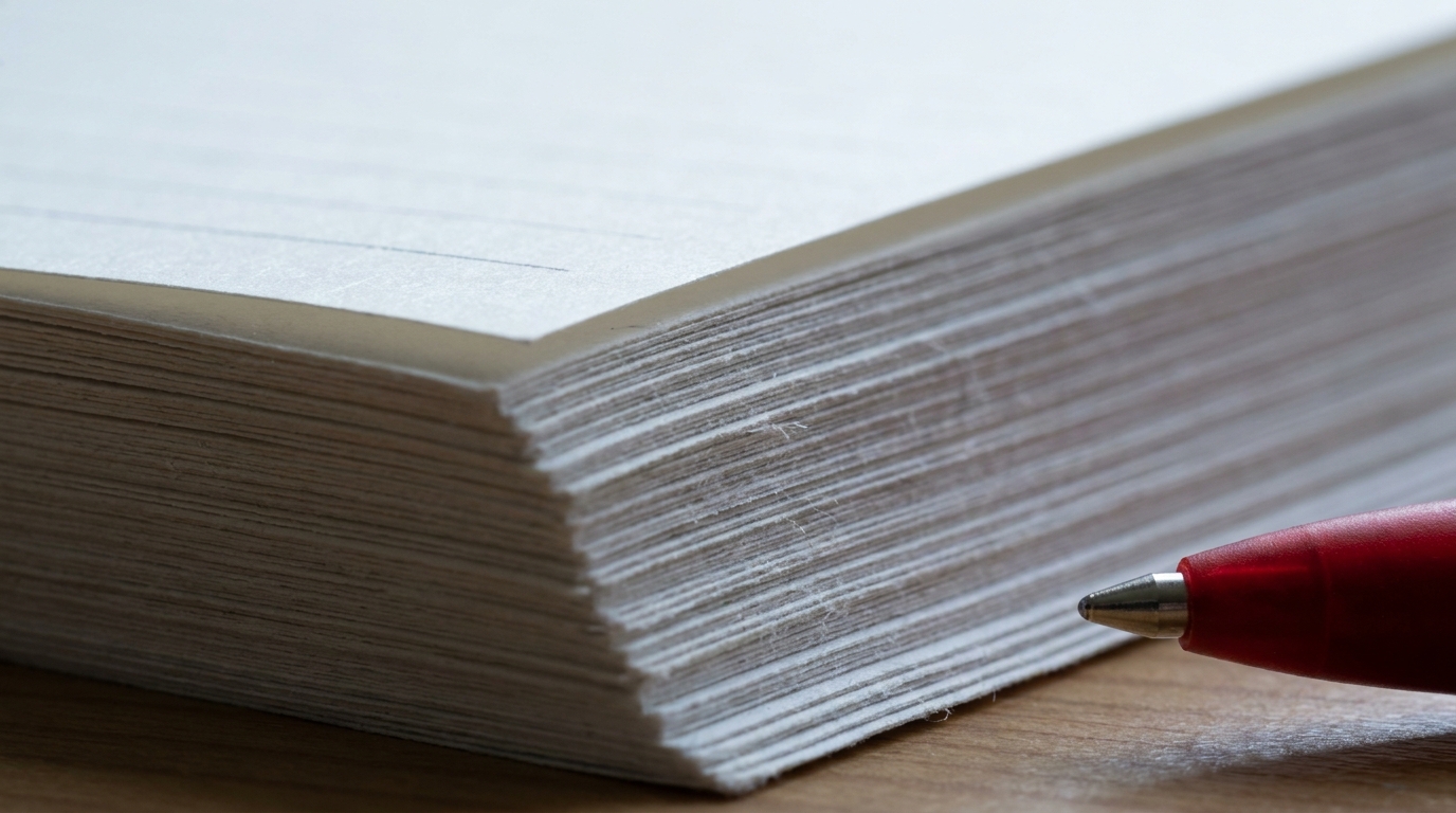 Extreme macro of a single thin sheet resting on top of a very deep stack of paper, with a red pen tip touching the top sheet