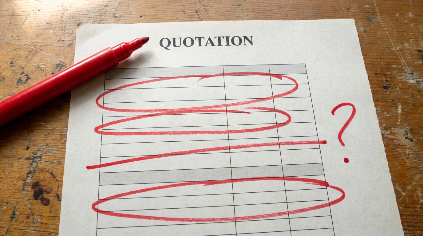 A printed quotation form on a worn wooden desk, its blank rows marked up with red circles, a struck-through line and a large red question mark