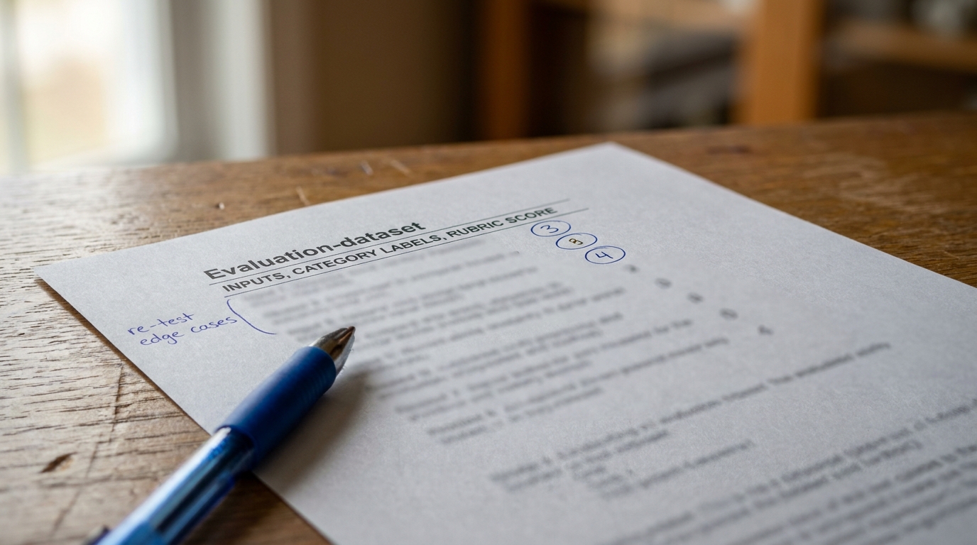 Printed evaluation-dataset page on a desk, inputs and rubric score headers legible, three circled scores and a re-test edge cases note