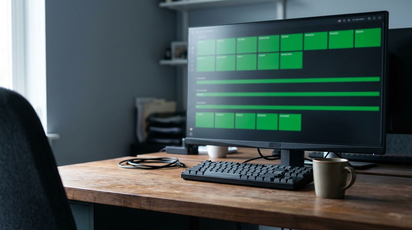 A monitor on a wooden desk showing an operations dashboard where every status tile is green and every trend line is flat