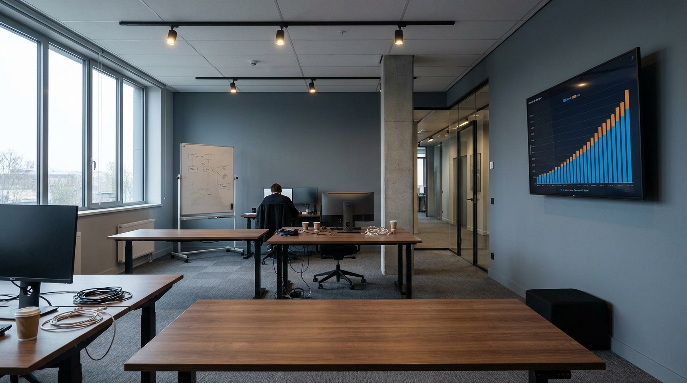 Wide view of an open-plan engineering office with a wall-mounted display showing a rising token-spend bar chart