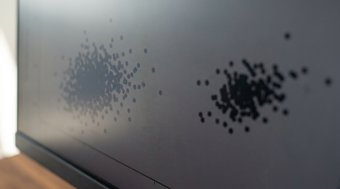 Extreme close-up of a monitor showing two separated clusters of plotted points, one grey and one darker
