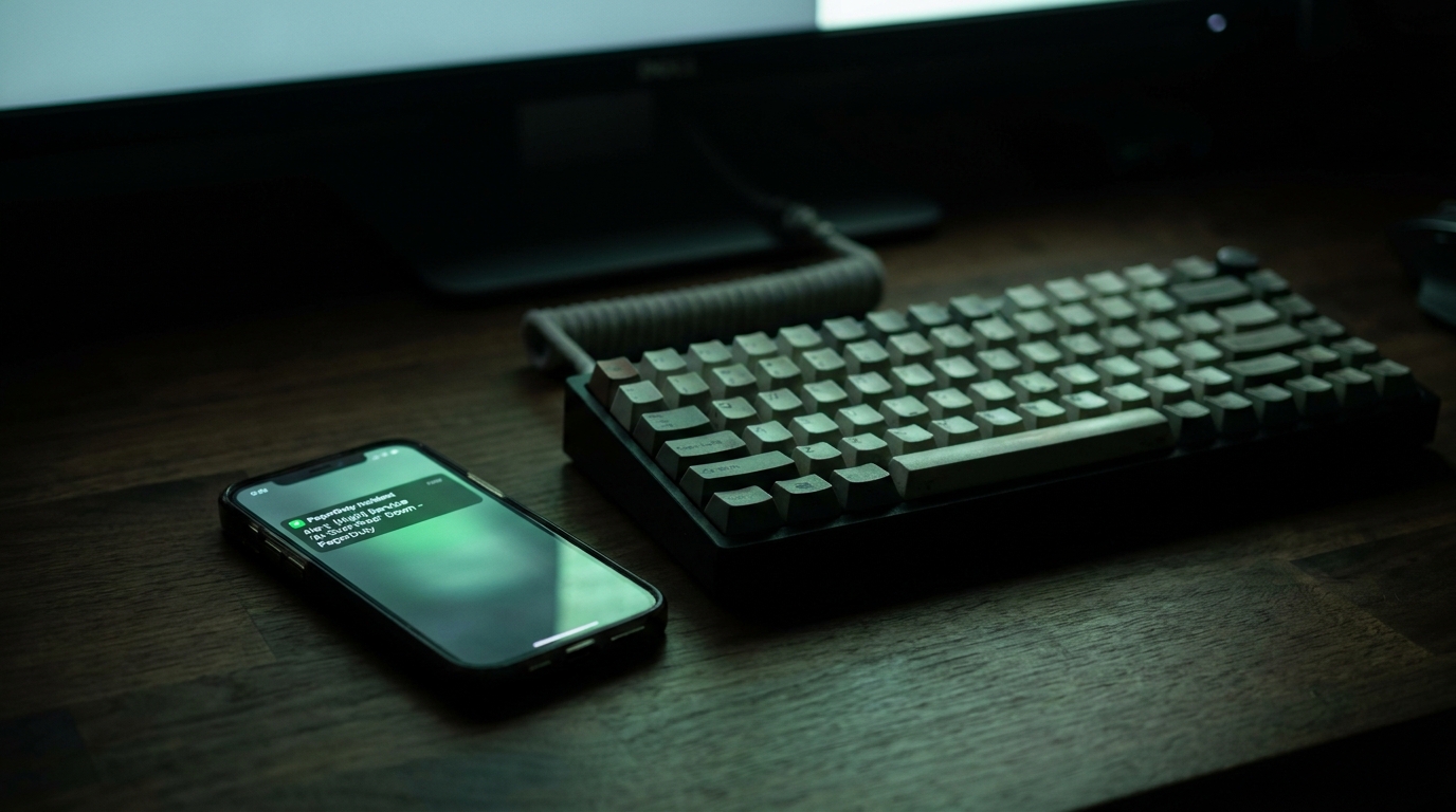 Close-up of a phone on a dark desk at night showing a single on-call incident alert, beside a mechanical keyboard