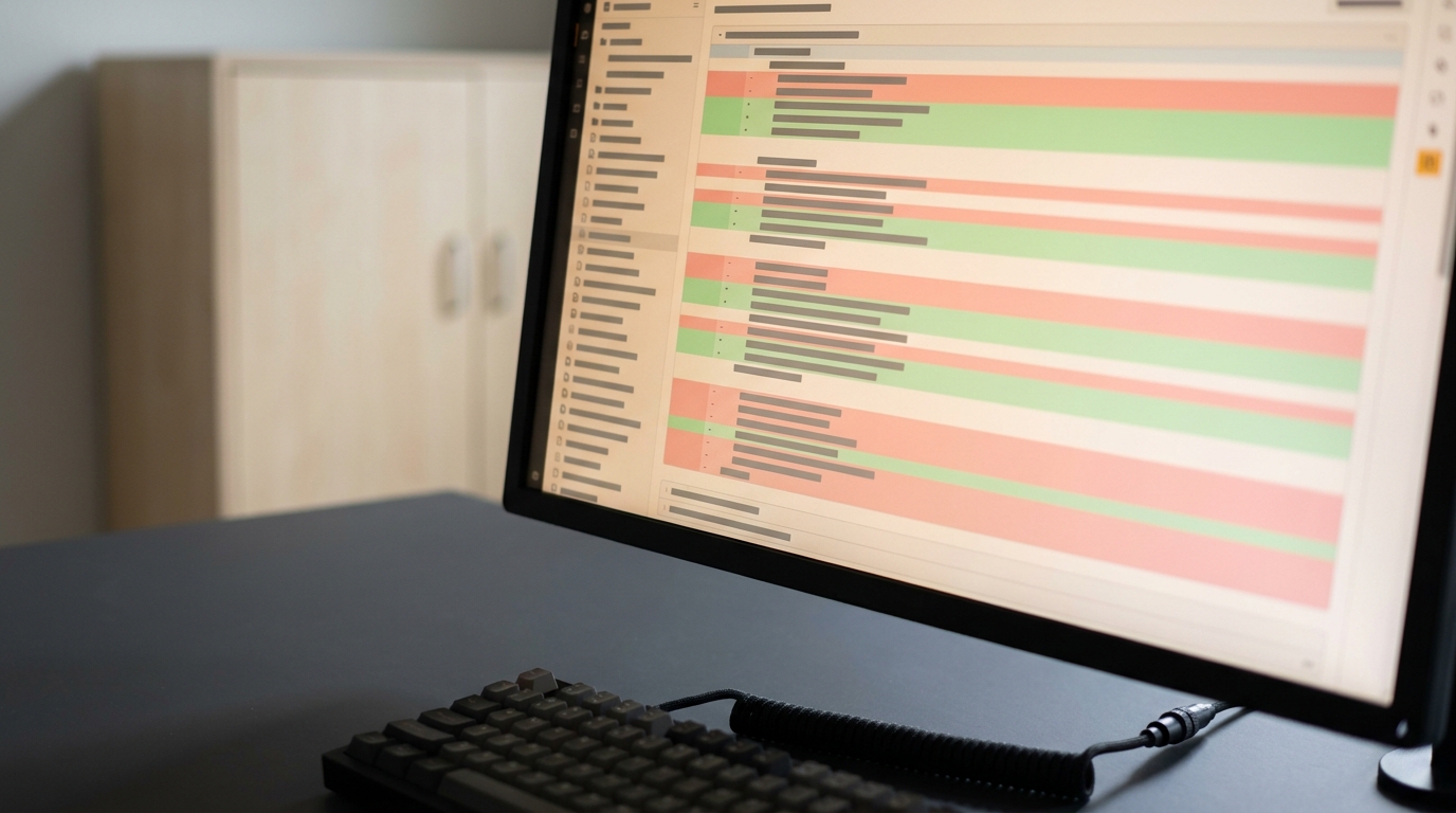 A monitor showing a code-review diff as red and green change banding beside a long file column