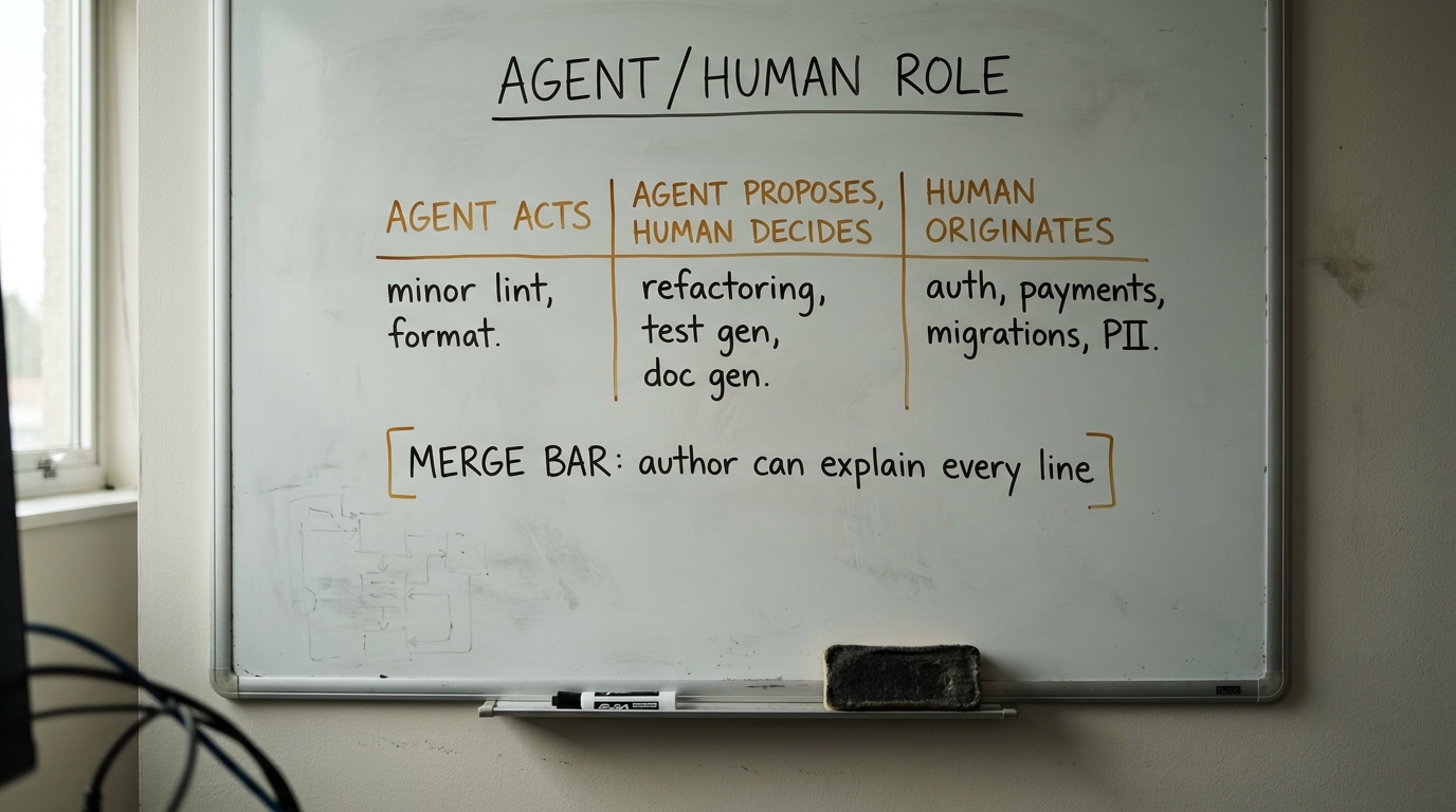 A whiteboard with a hand-drawn three-column table splitting where an AI agent may act, propose, or defer to a human