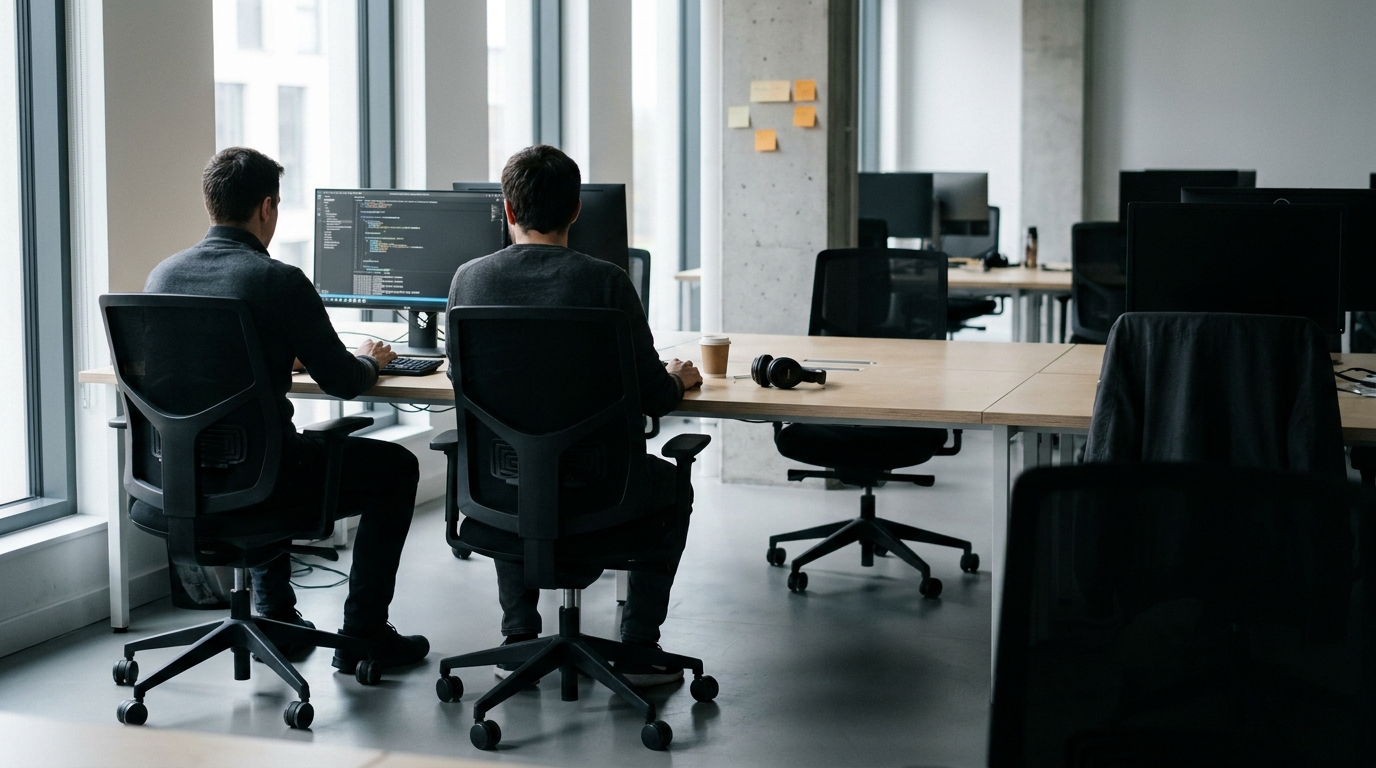 Two engineers on separate chairs at one long desk in an open engineering bay, seen from behind, one screen lit