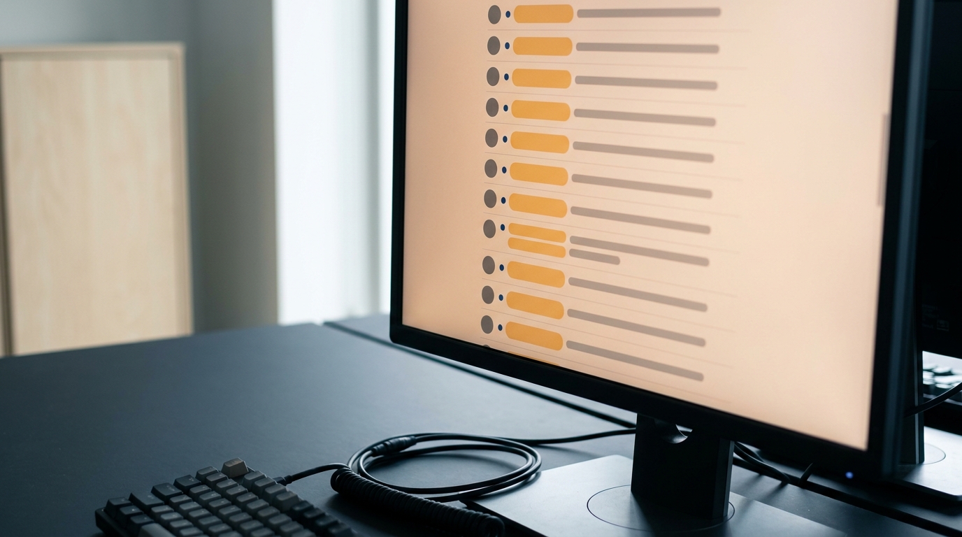 A monitor showing a review queue of identical rows with amber status pills, the list running past the bottom of the screen