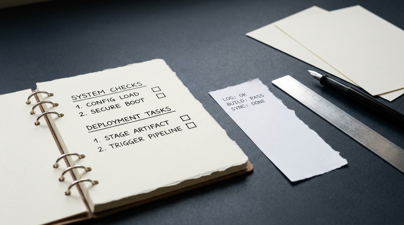 A slate desk with an open runbook showing an inked deployment checklist beside a torn printed log strip and a fountain pen