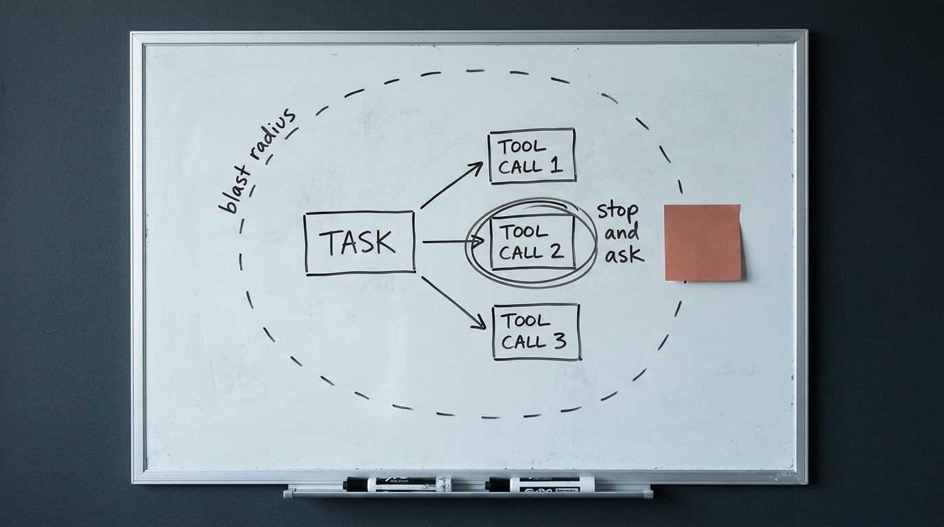 Whiteboard with a hand-drawn agent task flow branching into tool calls, one circled and annotated, inside a dashed blast-radius boundary