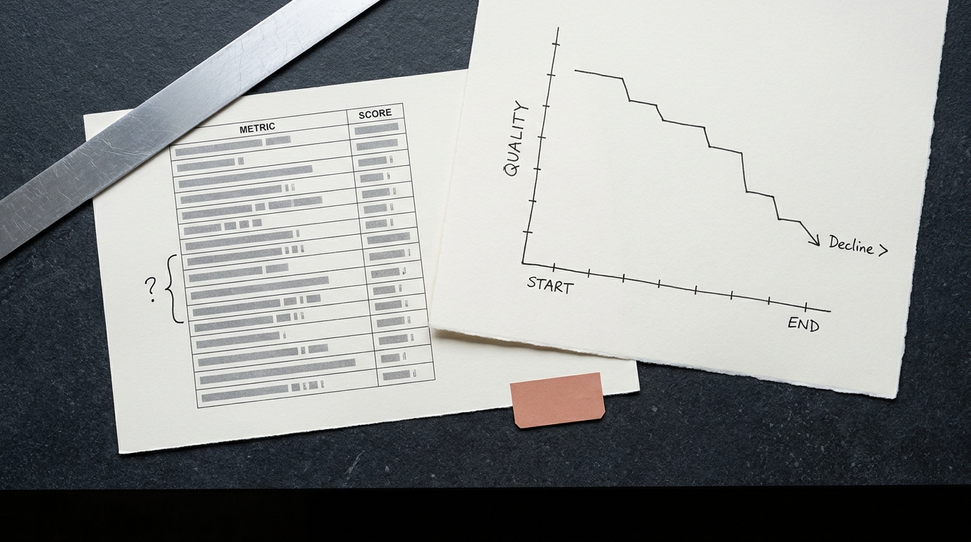 Overhead view of a printed metric and score table with a hand-inked bracket and question mark, beside a hand-drawn quality chart declining from start to end