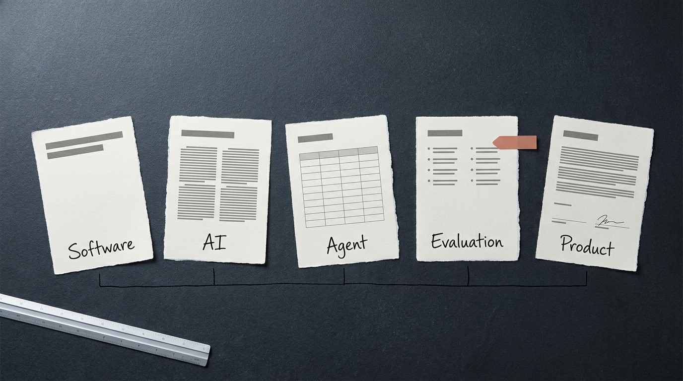Overhead flat-lay of five printed job specifications on slate, labelled Software, AI, Agent, Evaluation and Product, joined by an ink line