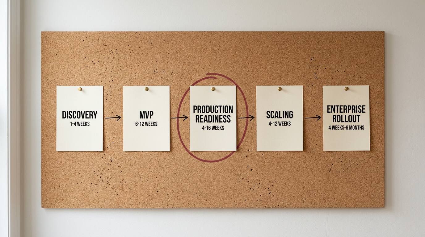 A cork planning board with five pinned phase cards reading discovery, MVP, production readiness, scaling and enterprise rollout with week ranges