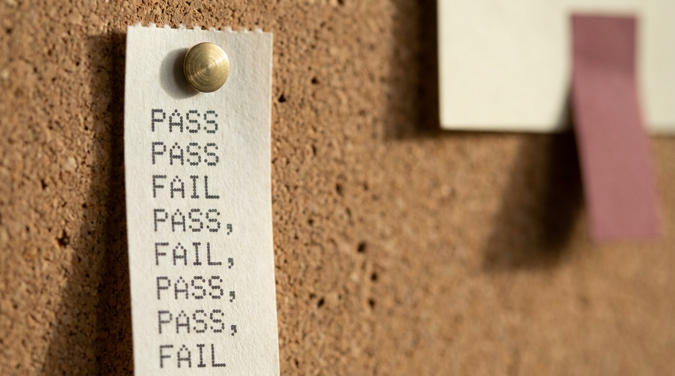 A close-up of a printout strip pinned to a cork board with a brass pin, listing evaluation results reading pass and fail