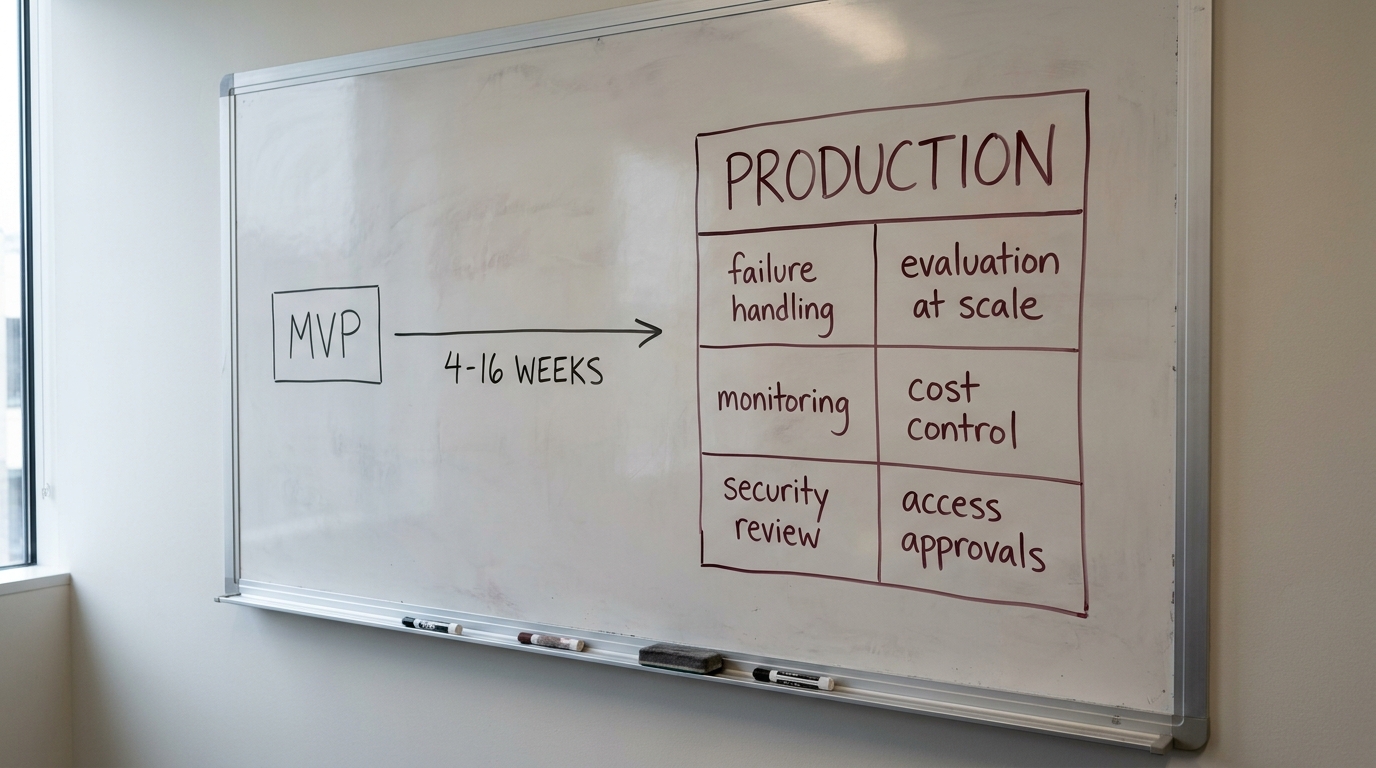 A whiteboard diagram showing a small MVP box and a much larger production box divided into six labelled readiness compartments