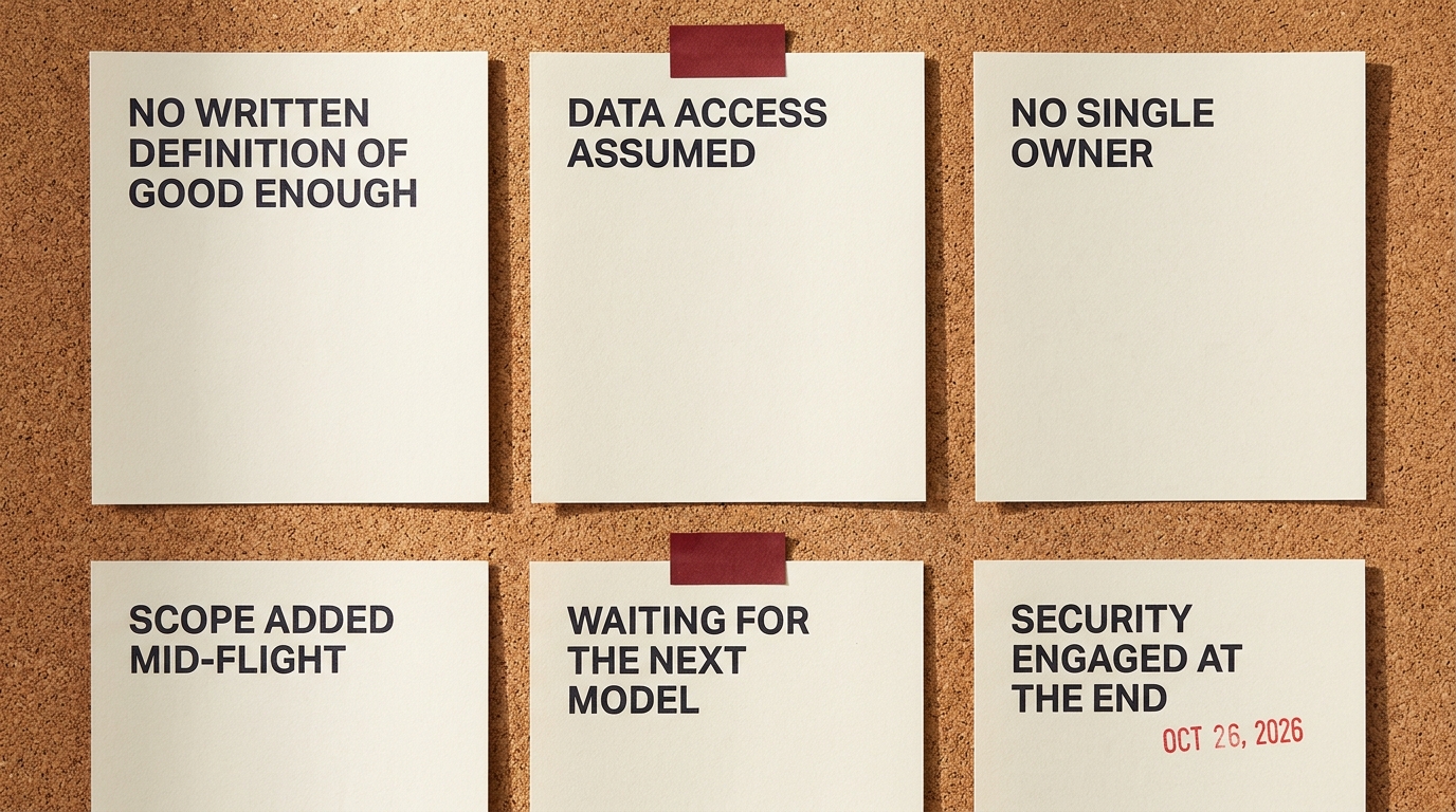 Six typed memo pages pinned in two rows on a cork board, each headed with a common cause of AI project delay