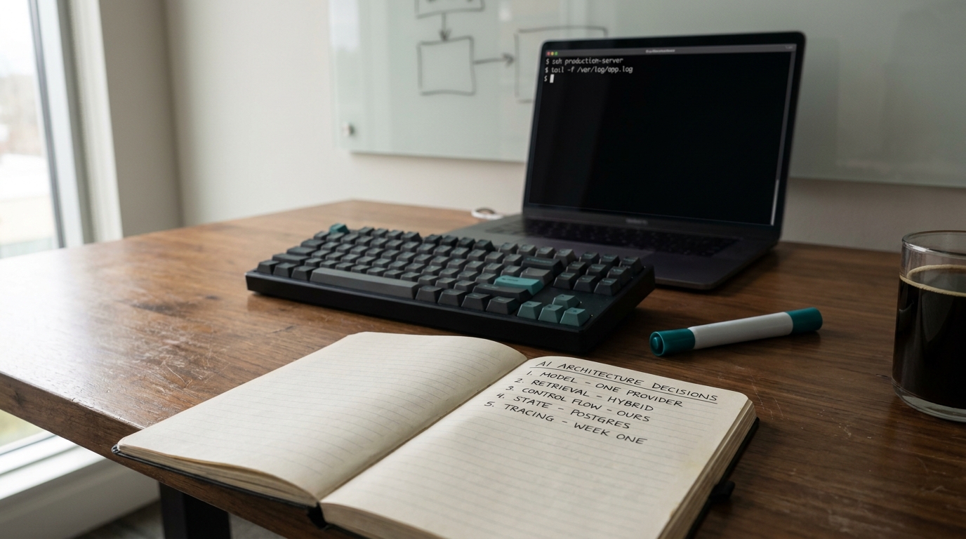 An engineer's desk with an open notebook listing five AI architecture decisions, a mechanical keyboard, a teal marker and a laptop showing a terminal