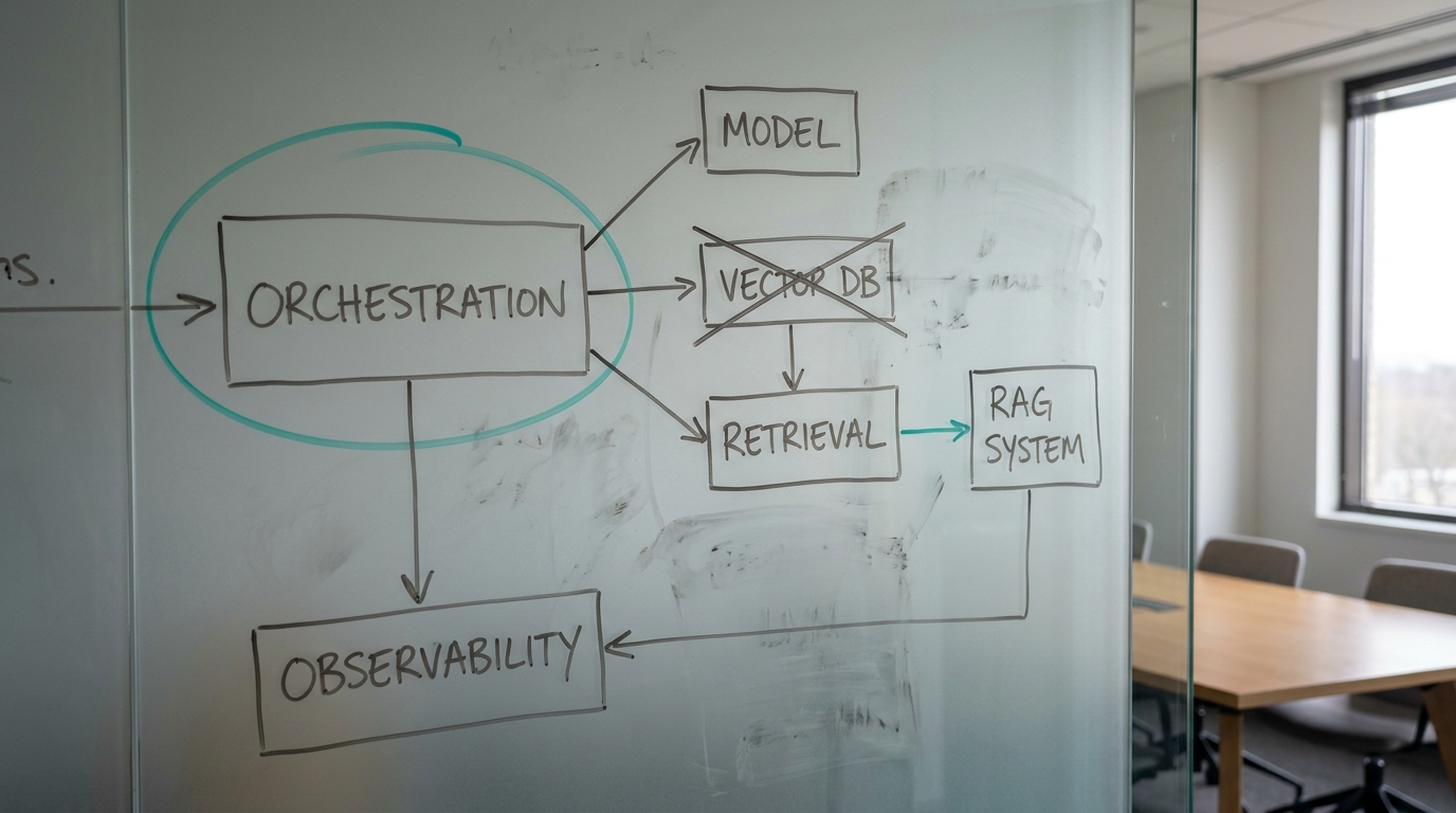 A glass office wall with a hand-drawn LLM architecture diagram in marker, labelled orchestration, model, retrieval and observability, one box crossed out and redrawn