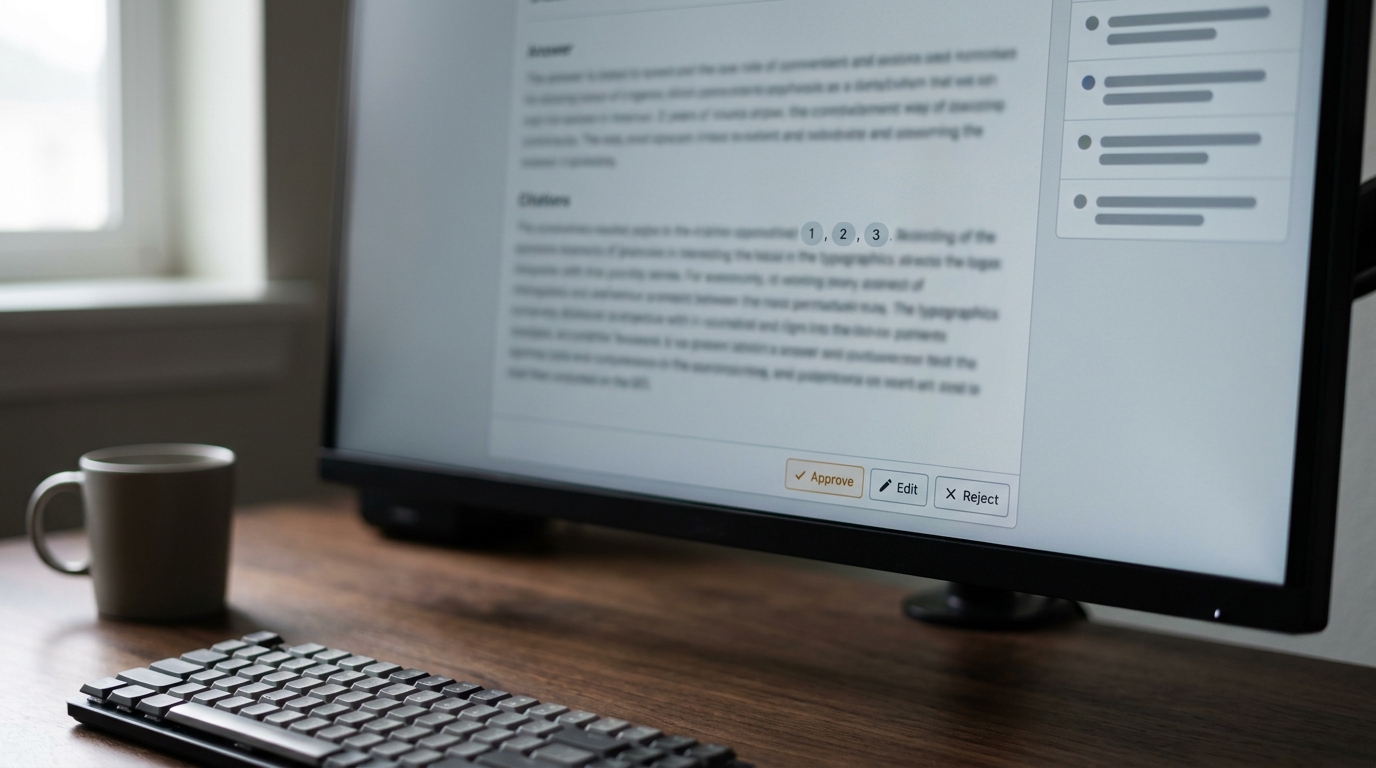 A monitor showing an AI assistant answer with visible source citations, an open reference panel, and approve, edit and reject controls