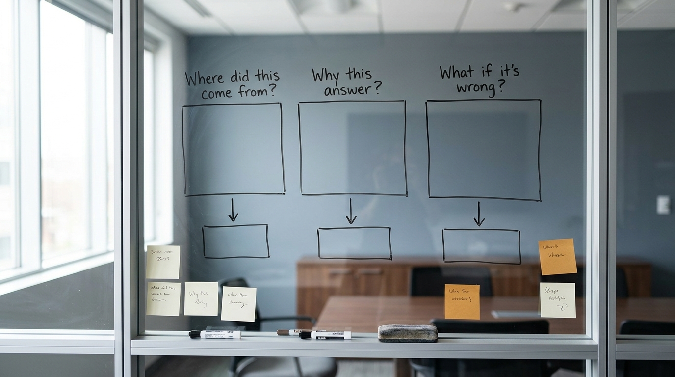 A glass wall with a hand-drawn diagram of three labelled question boxes, each linked by an arrow to a smaller box below