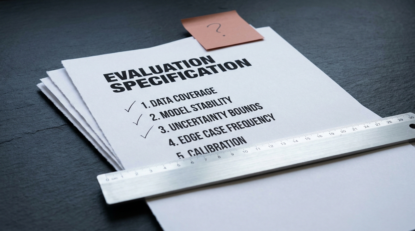 Close three-quarter view of a printed evaluation specification page on a slate desk, margin ticks beside three of its five field headings and an aluminium ruler across it