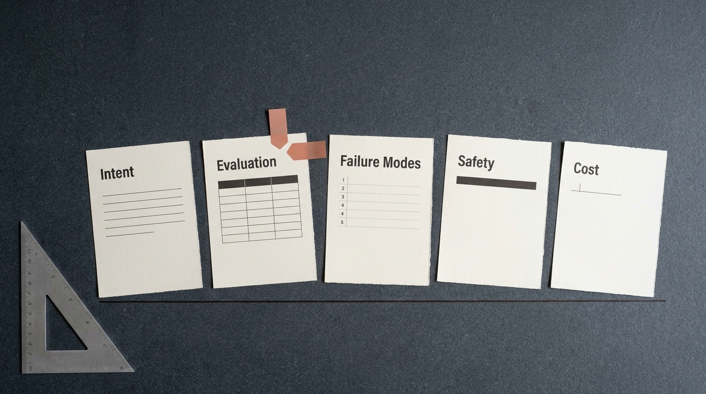 Overhead flat-lay of five printed requirement pages on a slate desk labelled Intent, Evaluation, Failure Modes, Safety and Cost, linked by an ink line