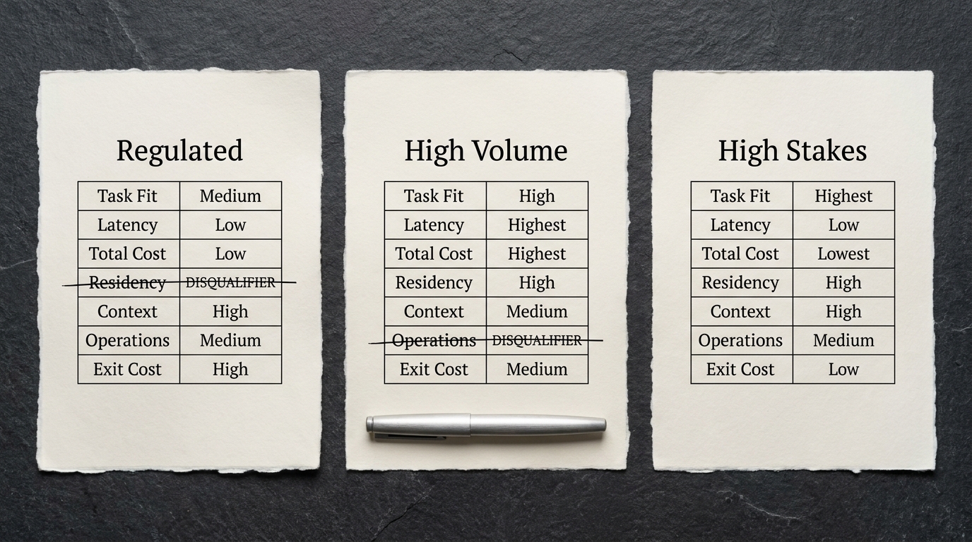 Three printed scoring sheets headed Regulated, High Volume and High Stakes, showing printed criteria weights with one row struck through in ink