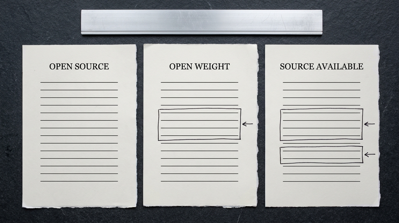 Three printed software licence sheets headed Open Source, Open Weight and Source Available, with clause groups boxed in ink and arrows in the margin
