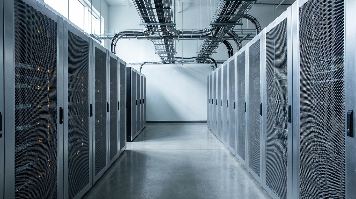 A data-centre aisle between two rows of server racks with GPU sleds, overhead fibre cable trays and status LEDs along the rack faces