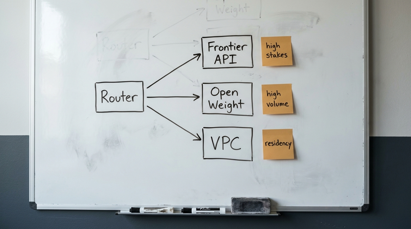 A whiteboard with a hand-drawn routing diagram: a Router box with arrows to Frontier API, Open Weight and VPC, annotated by workload type
