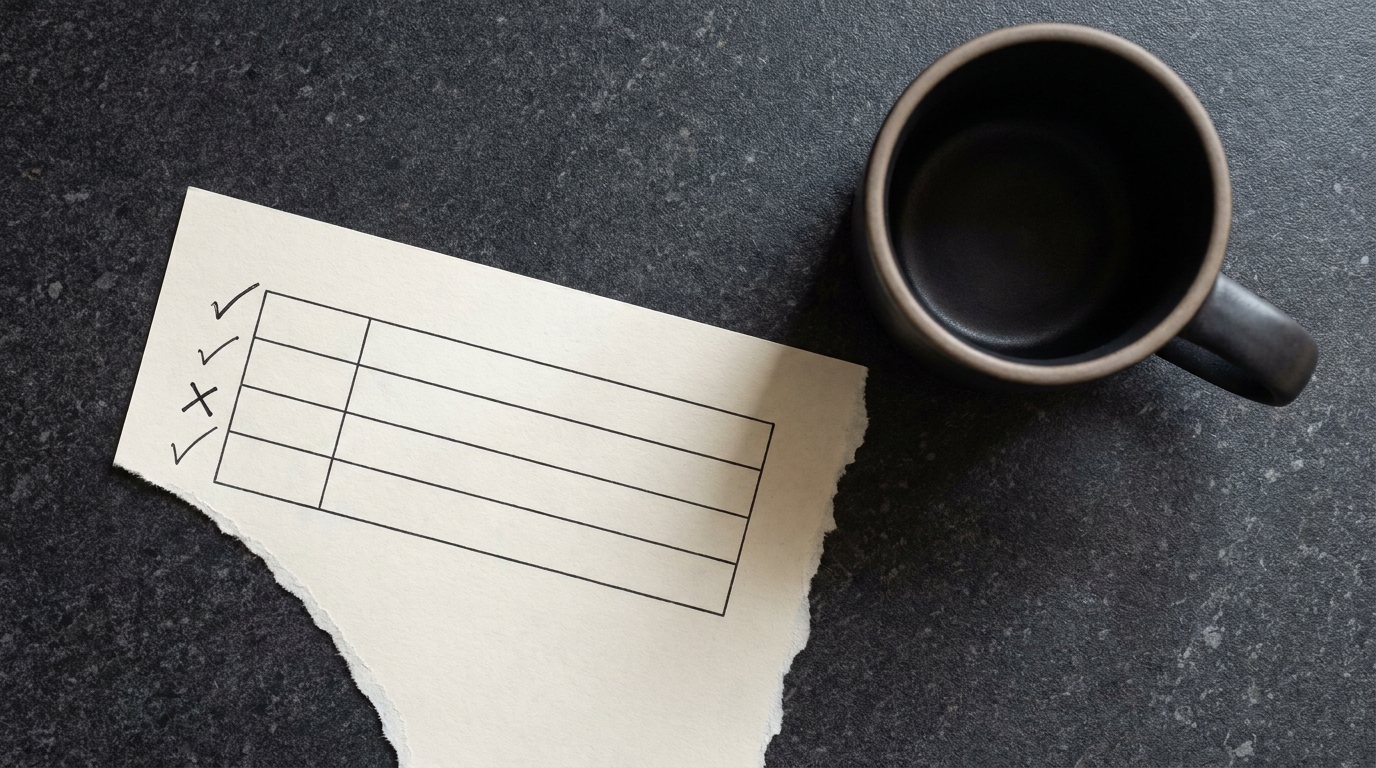 A torn-edge printed evaluation form with an empty scoring table, three rows ticked and one crossed in black ink, beside a dark ceramic mug on a slate worktop