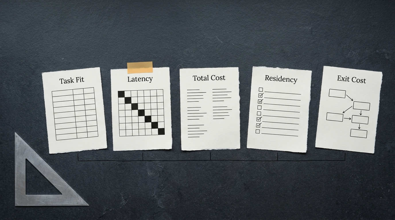 Overhead flat-lay of five printed evaluation sheets on a slate worktop, labelled Task Fit, Latency, Total Cost, Residency and Exit Cost