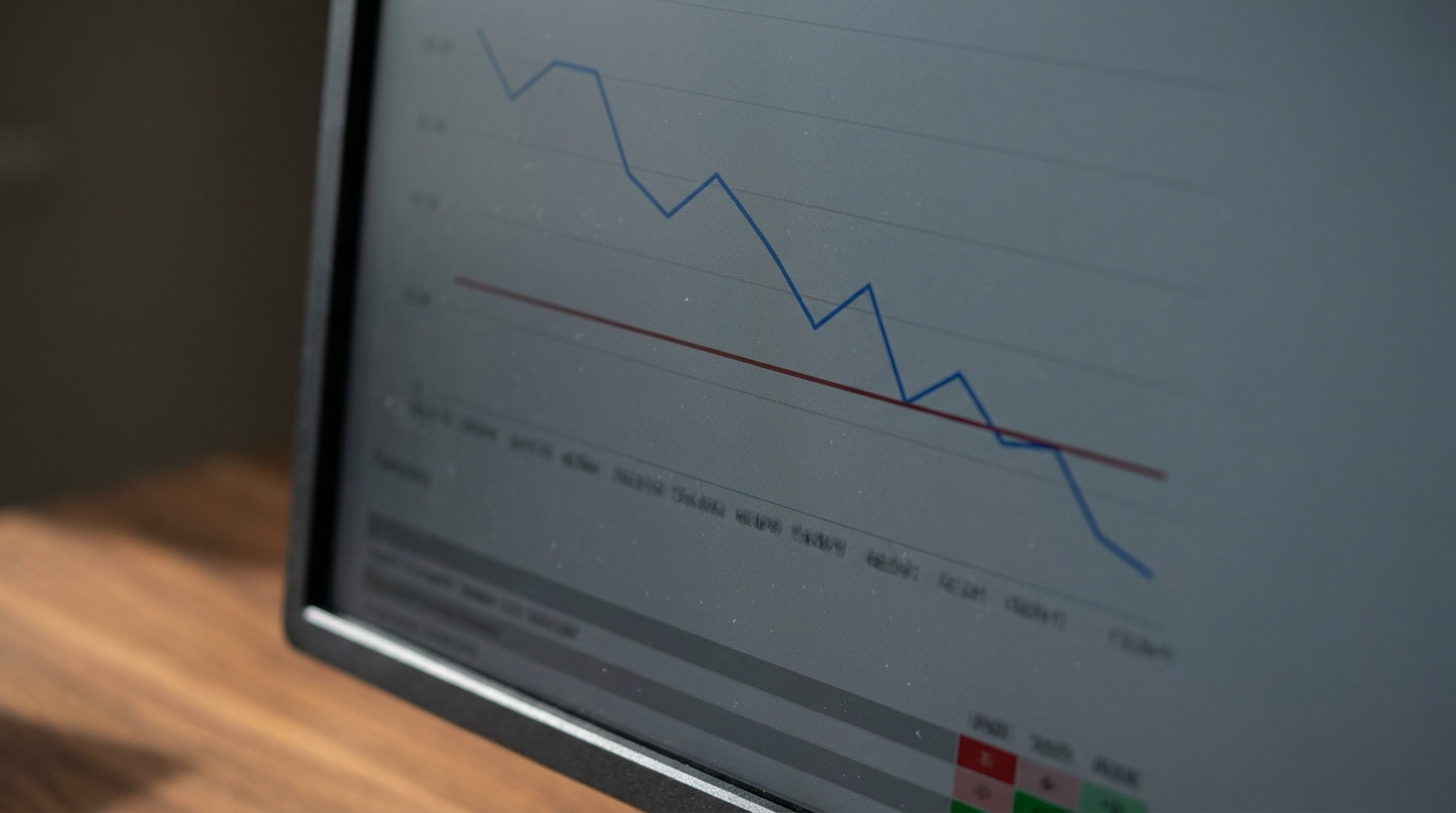A close-up of a monitor showing an evaluation quality score stepping downward across successive runs and crossing below a red threshold line